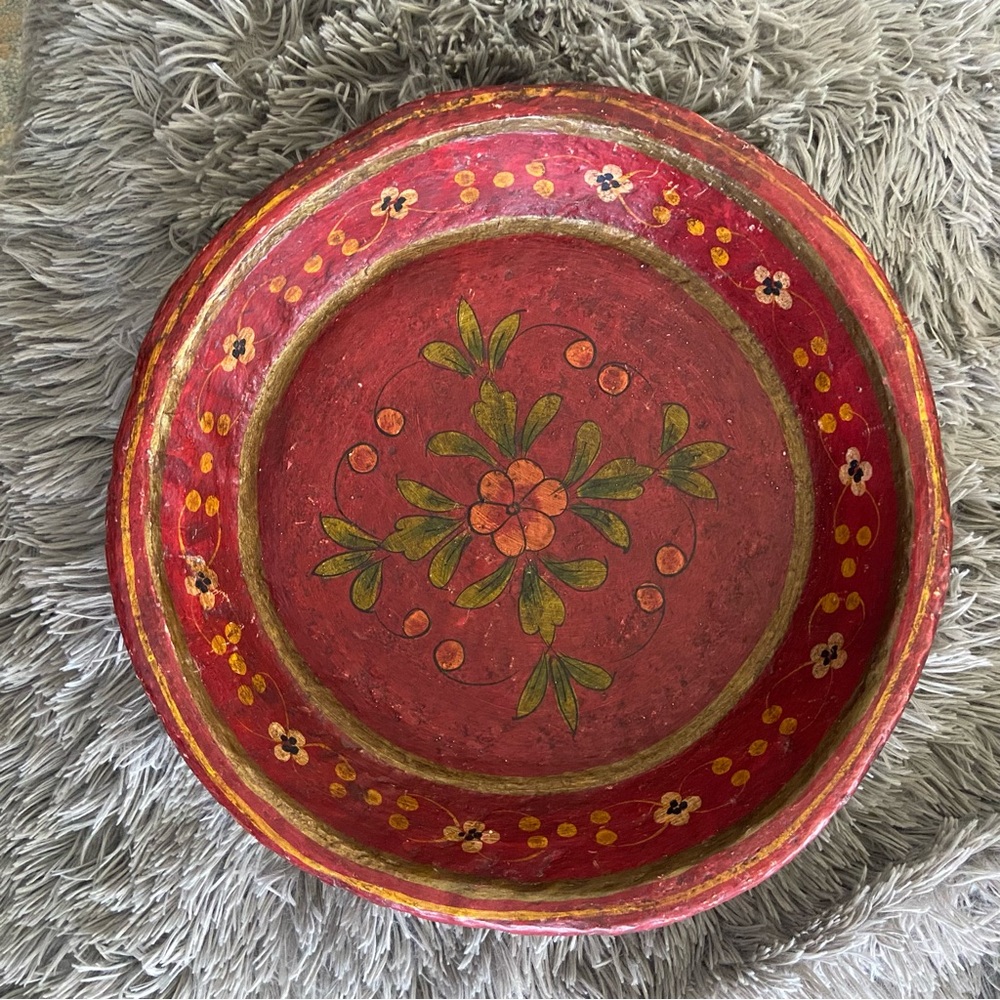 Antique ? Papermache Round Table Top Bowl - Original Old Hand Crafted - Painted